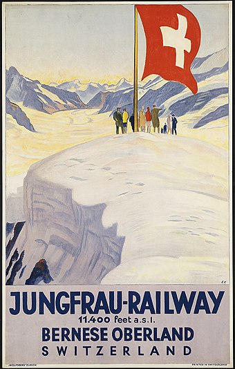 Depiction of the Swiss flag in a poster advertising the Jungfrau Railway (art by Emil Cardinaux, c. 1930)