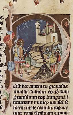 Siege of Krakow (Chronicon Pictum, 1358) Kepes kronika - 98.oldal - Krakko ostroma.jpg