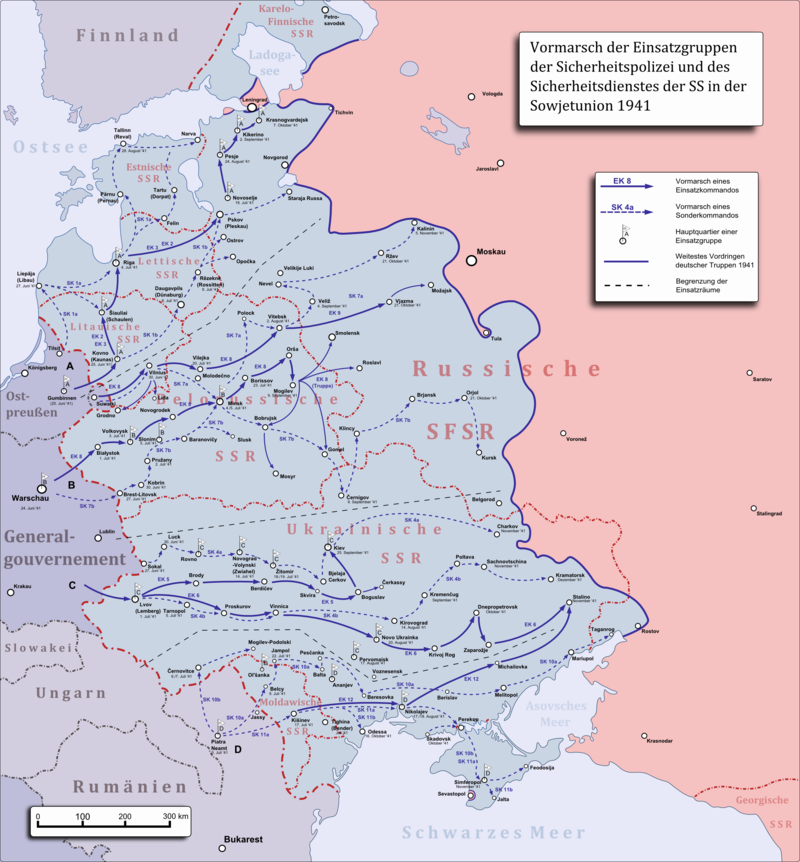 Map of the Einsatzgruppen operations behind the German-Soviet frontier with the location of the first shooting of Jewish men, women and children, 30 July 1941