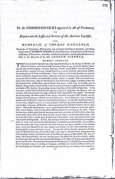 File:Katherine Hunter Sprowle's claim to the British Loyalist re estate of Andrew Sprowle, 26 Jan 1784,p.255.jpg