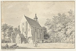 Het kerkgebouw in 1746, getekend door Cornelis Pronk. De oude kerk was groter, want enkel het koorgedeelte werd tussen 1593-1595 herbouwd.