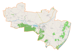 Mapa konturowa gminy Koprzywnica, na dole nieco na prawo znajduje się punkt z opisem „Krzcin”