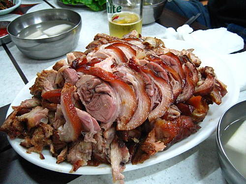Jokbal, boiled pig's feet in soy sauce, similar to eisbein in German cuisine.