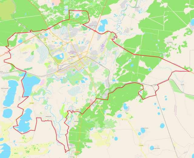 Mapa konturowa Kurganu, blisko centrum u góry znajduje się punkt z opisem „KRO”