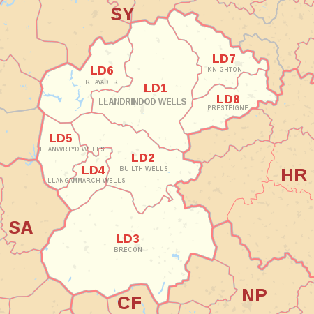 LD postcode area map, showing postcode districts in red and post towns in grey text, with links to nearby CF, HR, NP, SA and SY postcode areas. LD postcode area map.svg