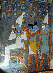 Many SG-1 stories are built around Egyptian gods, such as (from left to right) Osiris, Anubis and Horus. La Tombe de Horemheb cropped.jpg