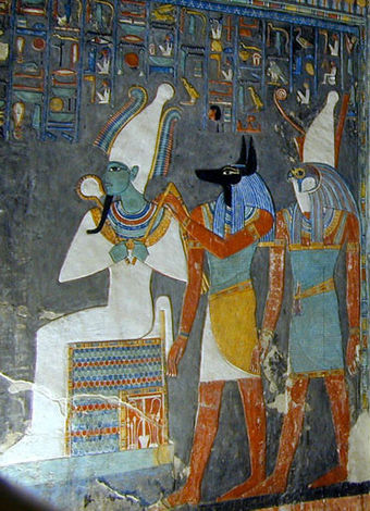 The gods Osiris, Anubis, and Horus. Wall painting in the tomb of Horemheb (KV57).