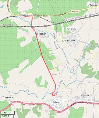 La línea desde la estación de Íllora-Láchar a la Azucarera de Láchar (superimposed onto OpenStreetMap).jpg
