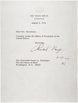 The resignation letter of U.S. president Richard Nixon, 1974.
