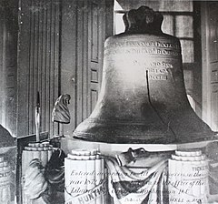 The Liberty Bell on its ornate stand in Independence Hall, 1872 Liberty Bell 1872 - crop.jpg