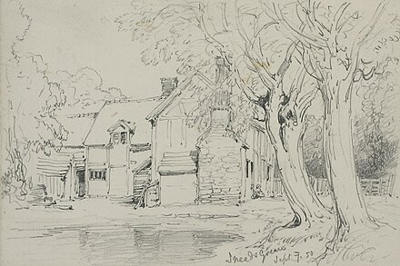 A drawing captioned "Snead's Green", made on 7 September 1850, by one of the Lines family of Birmingham Lines family sketchbook - 11 - Snead's Green.jpg