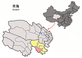 Dharlaks läge i Golog, Qinghai, Kina.