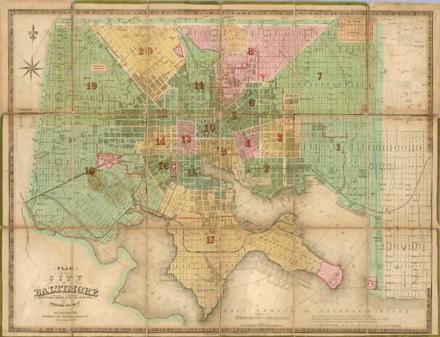 City plan of Baltimore from 1852. The plan is by Fielding Lucas, Jr. of Baltimore.