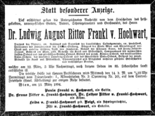 Notice nécrologique du Dr. Ludwig August Ritter Frankl parue dans Neue Freie Presse, 13 mars 1894
