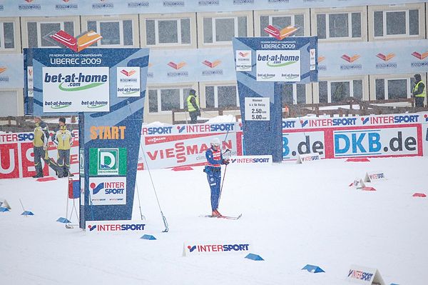 Unidentified skier during the women's 4 × 5 km relay event at the championships on 26 February 2009.