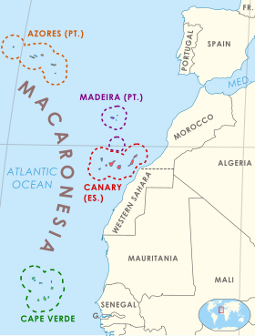 Carte de la Macaronésie au large de l'Afrique et de l'Europe.