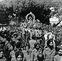 Mahatma Gandhi's ashes on a carriage being drawn by soldiers of the Indian army for immersion in the Triveni Sangam, Allahabad, February 1948