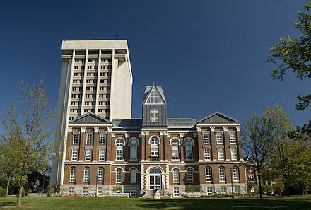 The Main Building in the foreground and the Patterson Office Tower in the background. Main Bldg (UK).jpg