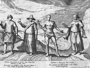 The Malays and the Javanese, Joannes van Doetecum's 1596 engraving in Jan Huyghen van Linschoten's Itinerario, one of the earliest depiction of Malays in European art. The two Dutch legends read "Inhabitants of Malacca, the best speakers, the most polite and the most amorous of the East Indies." and "Inhabitants of Java, who are hard-headed and obstinate." Malays and Javanese.jpeg