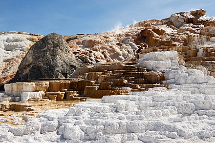 Travertine terraces at Mammoth Hot Springs, Yellowstone National Park, in 2016