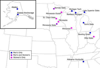 Locations of Western Collegiate Hockey Association member institutions. Map - College Hockey - WCHA cities.png
