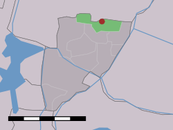 The village (dark red) and the statistical district (light green) of Noordeinde in the former municipality of Graft-De Rijp.