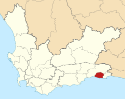 Kaart van Suid-Afrika wat Knysna in Wes-Kaap aandui