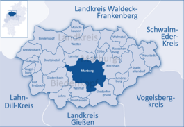 Marburgs beliggenhed i Landkreis Marburg-Biedenkopf