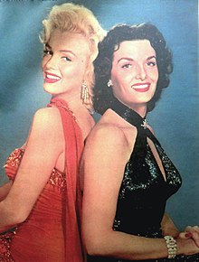 Photo of Marilyn Monroe and Russell from the front cover of the New York Sunday News magazine. The photo was taken during the filming of Gentlemen Prefer Blondes.