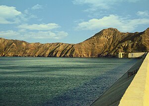 Mirani Dam and reservoir, in the Central Makran Range. Meerani Dam Turbat Balochistan.jpg