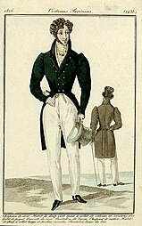 Man's suit, 1826. Dark blue suits were still rare; this one is blue-green or teal.