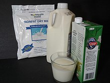 Shelf-stable UHT milk carton (on right)