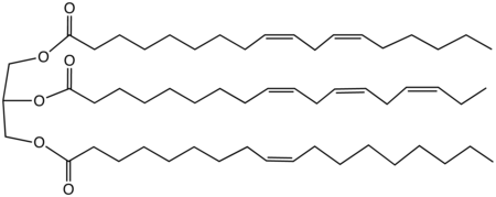 Representative component of a drying oil, this particular triester is derived from three unsaturated fatty acids, linoleic (top), alpha-linolenic (middle), and oleic acids (bottom). The order of drying rate is linolenic > linoleic > oleic acid, reflecting their degree of unsaturation. ModelDryingOil.png