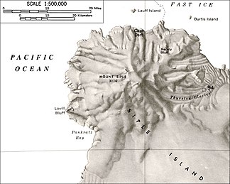 Karte des nordwestlichen Teils der Siple-Insel mit dem Recely Bluff (oben rechts)
