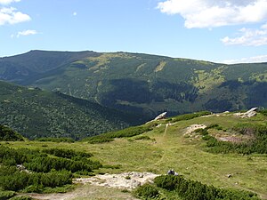 Вигляд на Менчул з південного сходу — вершина (вдалині зліва), хребет Степанець та полонина Чуфрова.