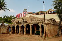 The rock cut Shanmughanathar Temple, Kunnakudi maintained by the Mutt N-TN-C188 Rock cut Temple Kunnakudi Sivagangai.jpg