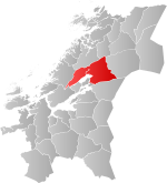 Mapa do condado de Trøndelag com Steinkjer em destaque.