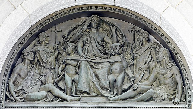 Olin Levi Warner, tympanum representing Writing, above exterior of main entrance doors, Thomas Jefferson Building, Washington DC, 1896