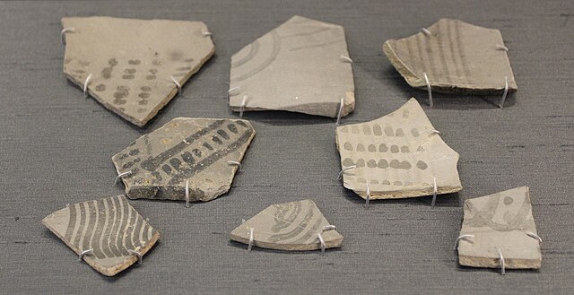 Fragments of Painted Grey Ware, about 1000 BC, from Hastinapur and Radhakund, Uttar Pradesh, and Panipat and Tilpat, Haryana. British Museum.