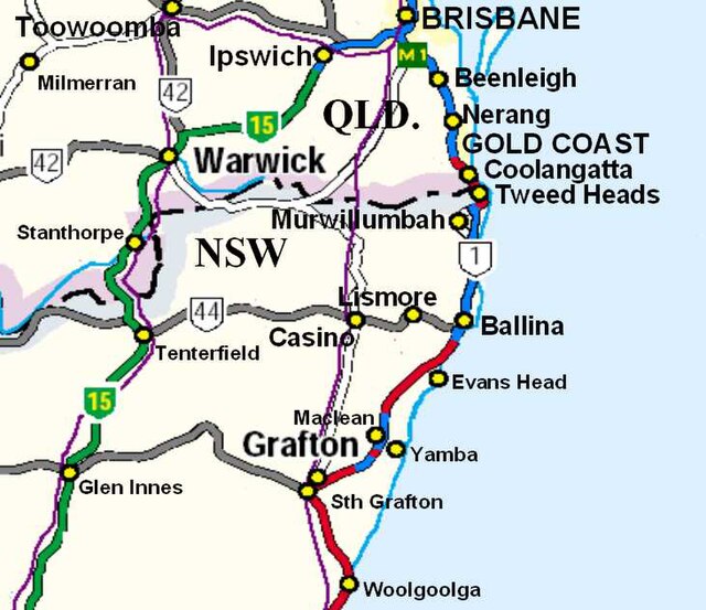 From Brisbane, National Highway 15 (green) follows the Cunningham Highway until Warwick where it then follows southwards, the New England Highway.