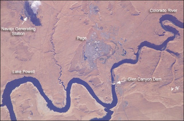 Satellite photo showing Page, Lake Powell, Glen Canyon Dam, Navajo Generating Station, and the Colorado River