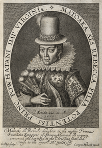 A portrait engraving of the actual Pocahontas.