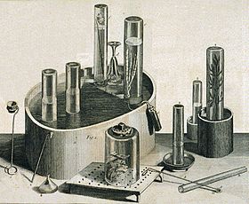 Equipment used by Priestley in his experiments on gases, 1775 Priestley Joseph pneumatic trough.jpg