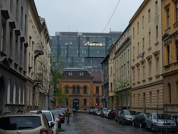 Adris grupa building looms over Neoclassical architecture of Primorska Street