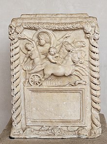 Cinerary altar depicting the four-horse chariot in which Proserpina was abducted by the ruler of the underworld (2nd century) Proserpina kidnapped Kircheriano Terme.jpg