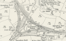 Queensbury triangle on an 1892-1914 Ordnance Survey map Queensbury station and junction on old os map.png