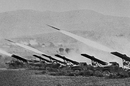 A battery of Katyusha rocket launchers fires at German forces during the Battle of Stalingrad, 6 October 1942