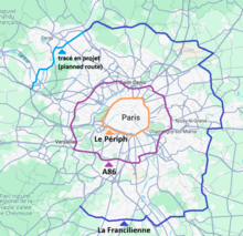 carte des trois principales ceintures de Paris : le Périphérique, l'autoroute A86 et la Francilienne