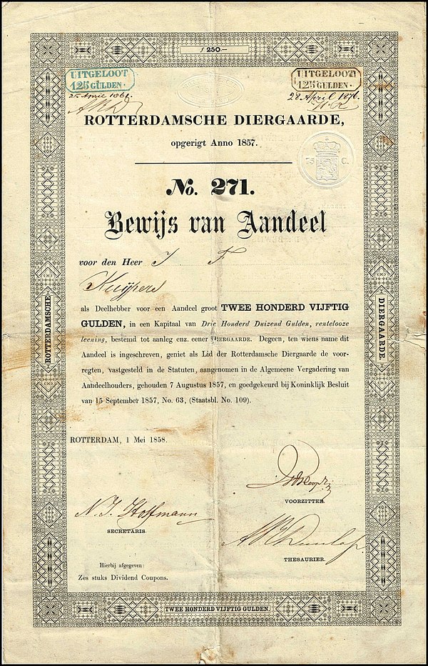 Share of the Rotterdamsche Diergaarde, issued 1 May 1858