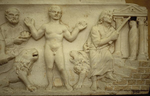 Sarcophagus relief: Daniel in the Lions Den and the Raising of Lazarus